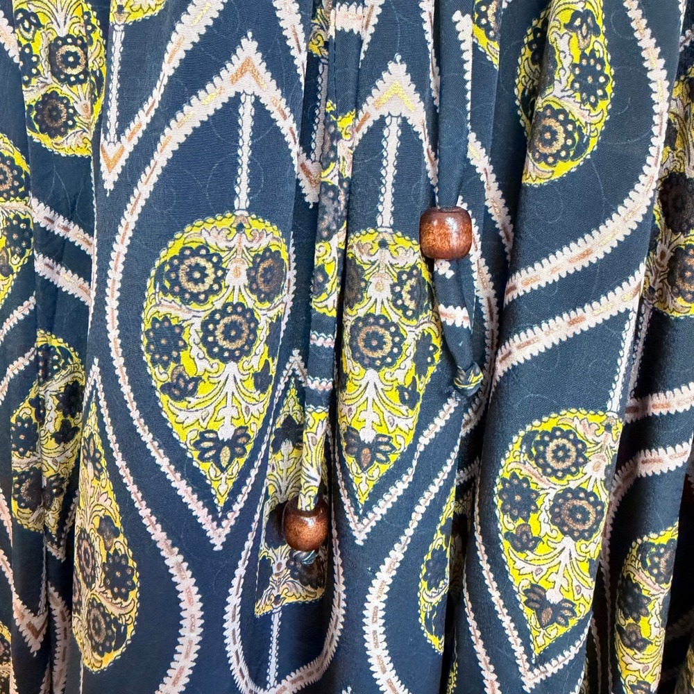 NEW Raga Asmee Maxi Dress Small Black Gold Boho Paisley Smocked V-Neck Long Slv - Picture 8 of 13